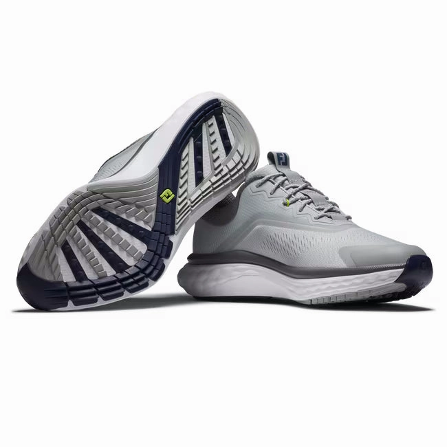 FootJoy Men's Quantum Spikeless Golf Shoe - 56991 Grey/White/Blue Knit Sneakers, Everyday Runners, Sock-Fit Sneakers