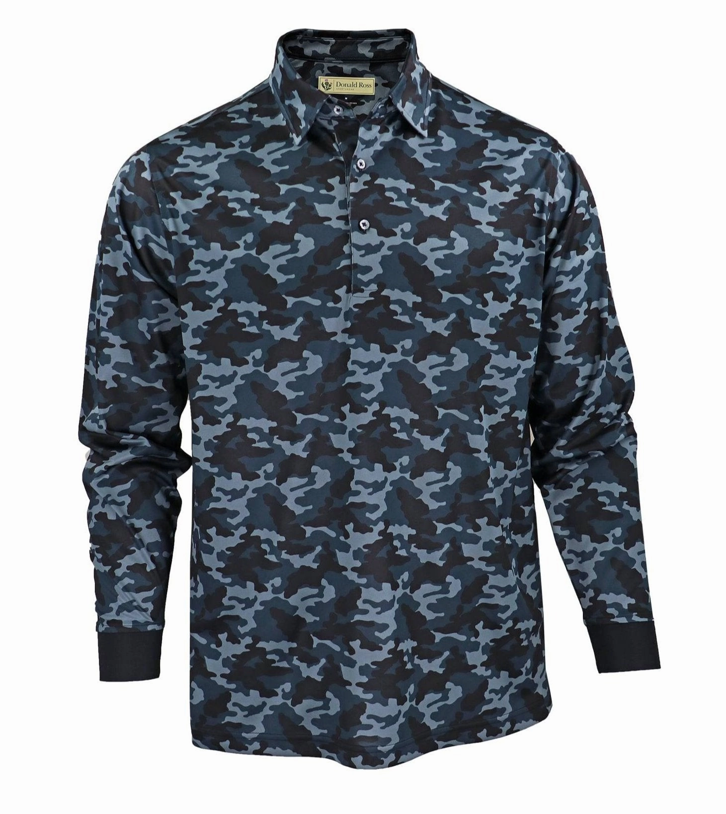 Donald Ross Classic Fit Mens Long Sleeve Tonal Camo Print Polo - BLACK Donald Ross men's golf apparel