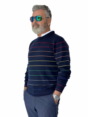 Donald Ross Mens Calvin Merino Wool Stripe Crewneck Sport Fit Sweater - NAVY Donald Ross men's golf apparel