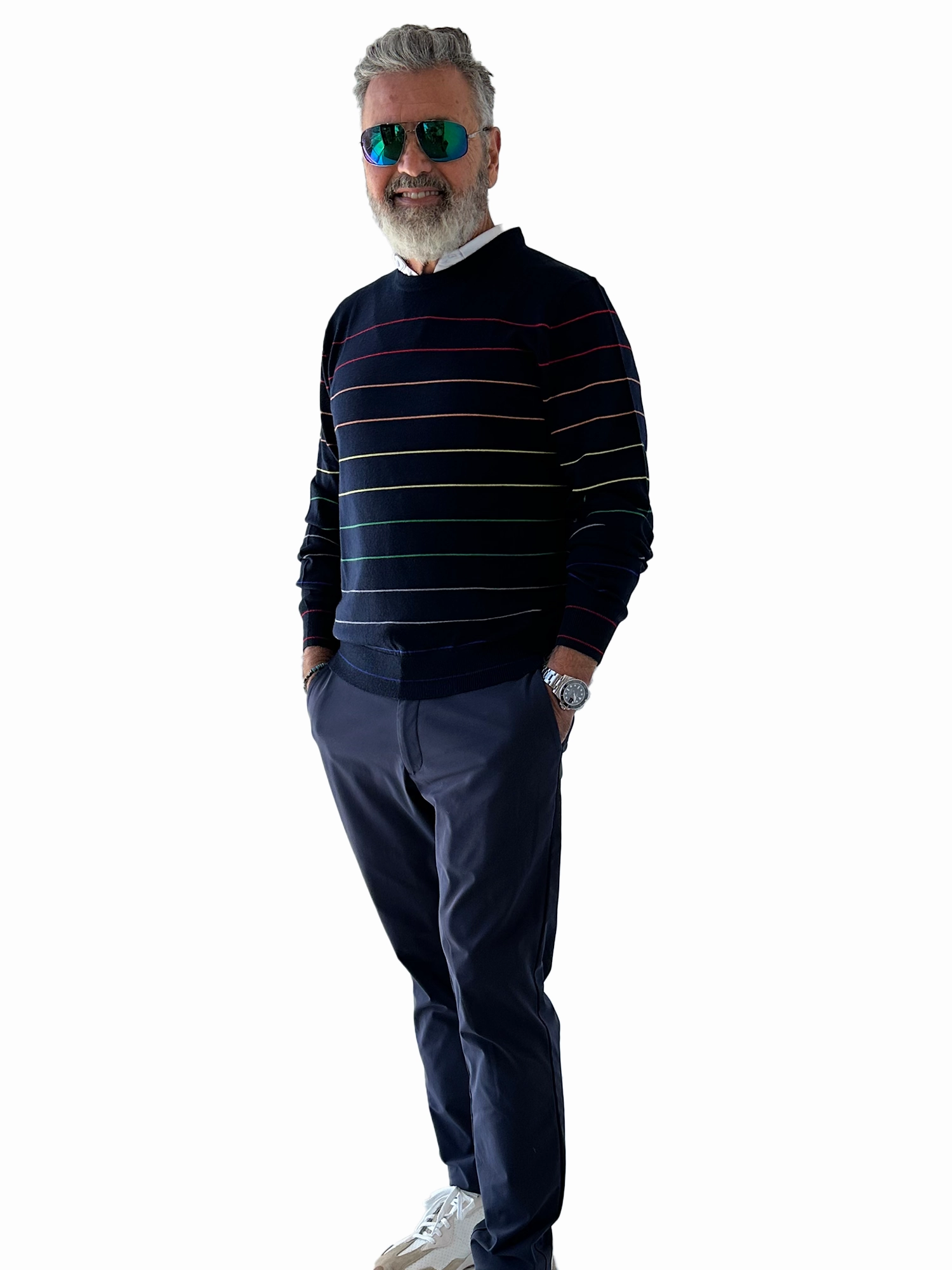 Donald Ross Mens Calvin Merino Wool Stripe Crewneck Sport Fit Sweater - NAVY Donald Ross Men's Clothing
