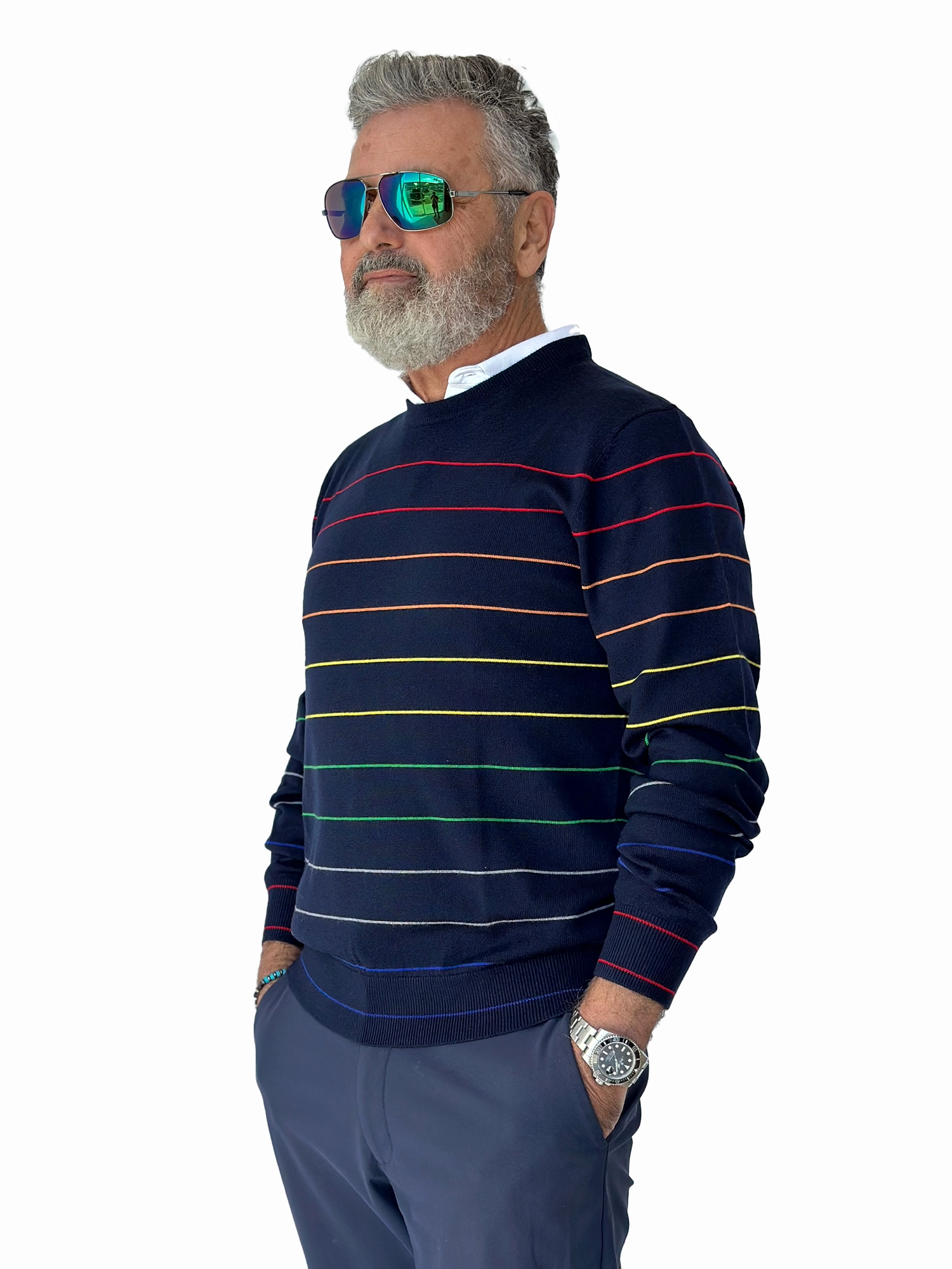 Donald Ross Mens Calvin Merino Wool Stripe Crewneck Sport Fit Sweater - NAVY Donald Ross men's golf apparel