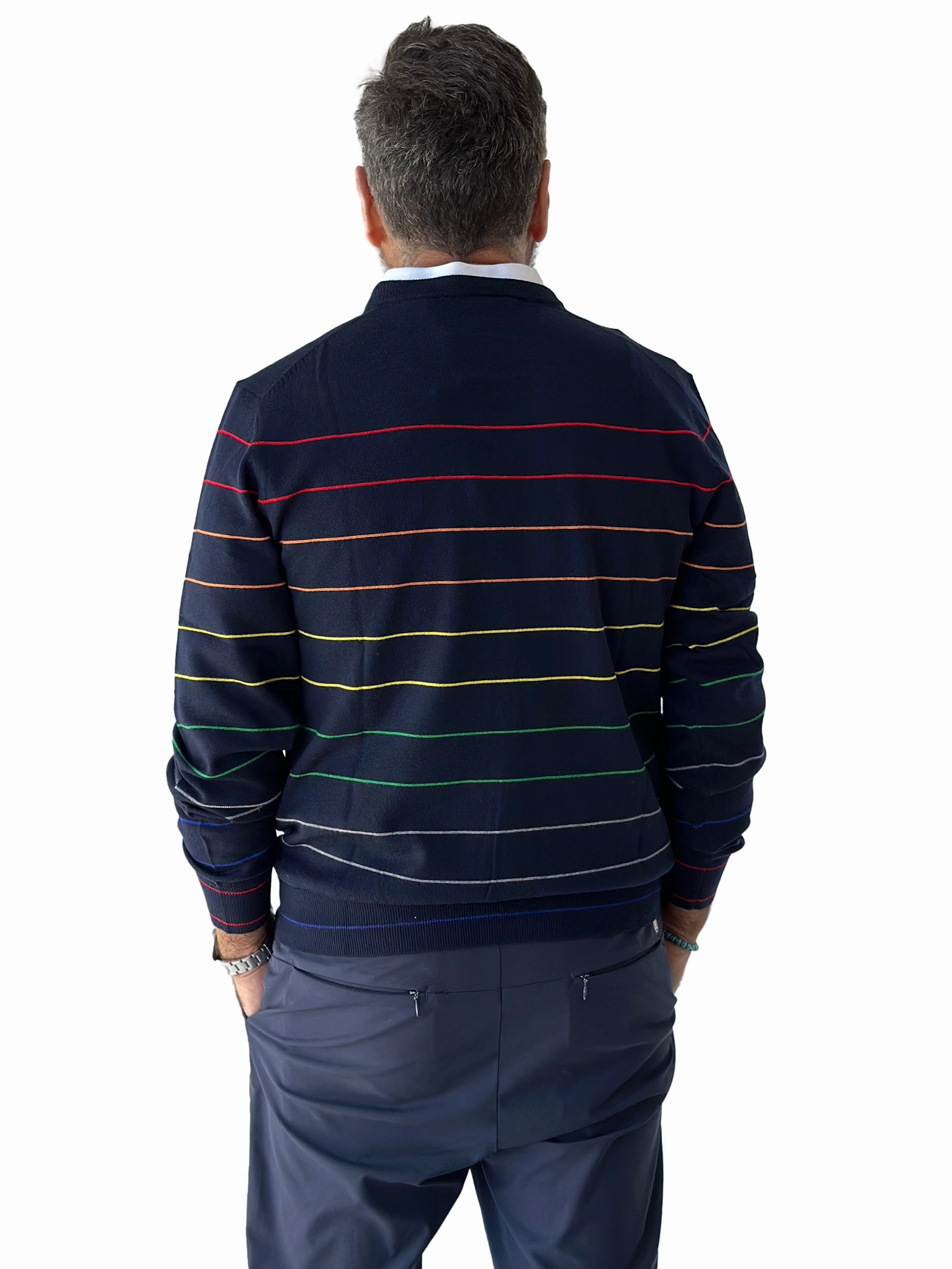 Donald Ross Mens Calvin Merino Wool Stripe Crewneck Sport Fit Sweater - NAVY Donald Ross Men's Clothing