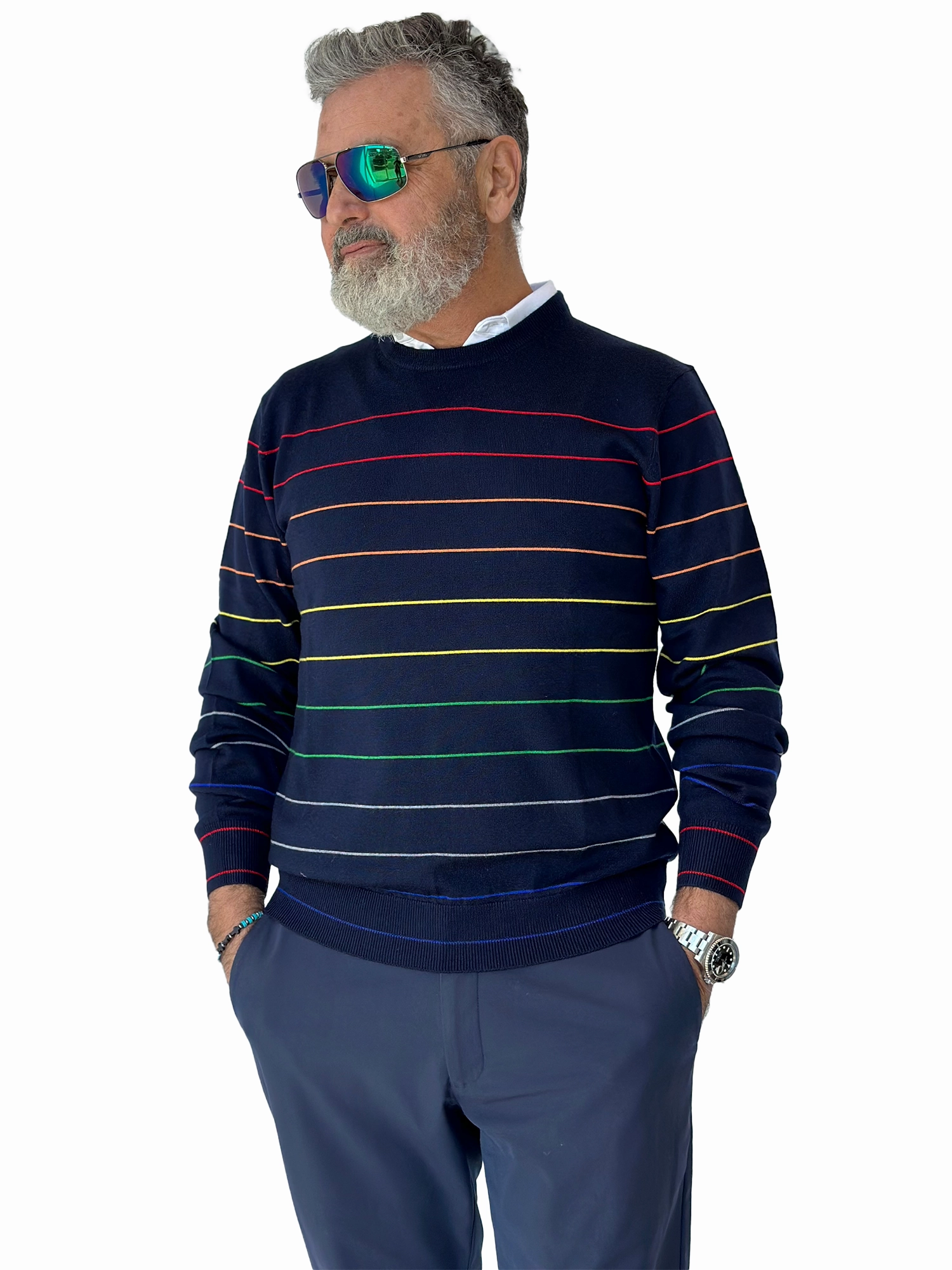 Donald Ross Mens Calvin Merino Wool Stripe Crewneck Sport Fit Sweater - NAVY Donald Ross Men's Clothing
