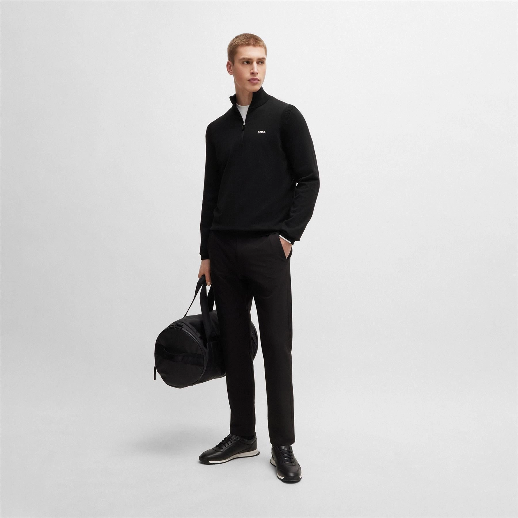 Ever Cotton Quarter Zip Mid Layer Black Boss Men's Fashion