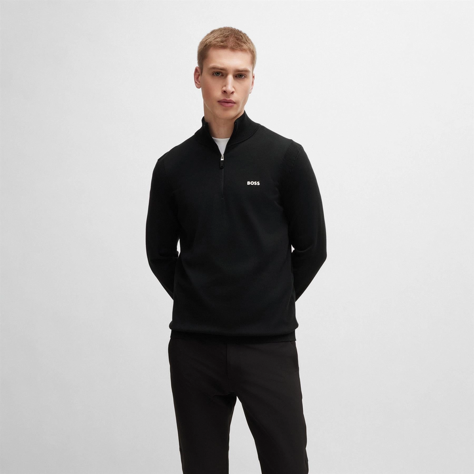 Ever Cotton Quarter Zip Mid Layer Black Boss Men's Fashion