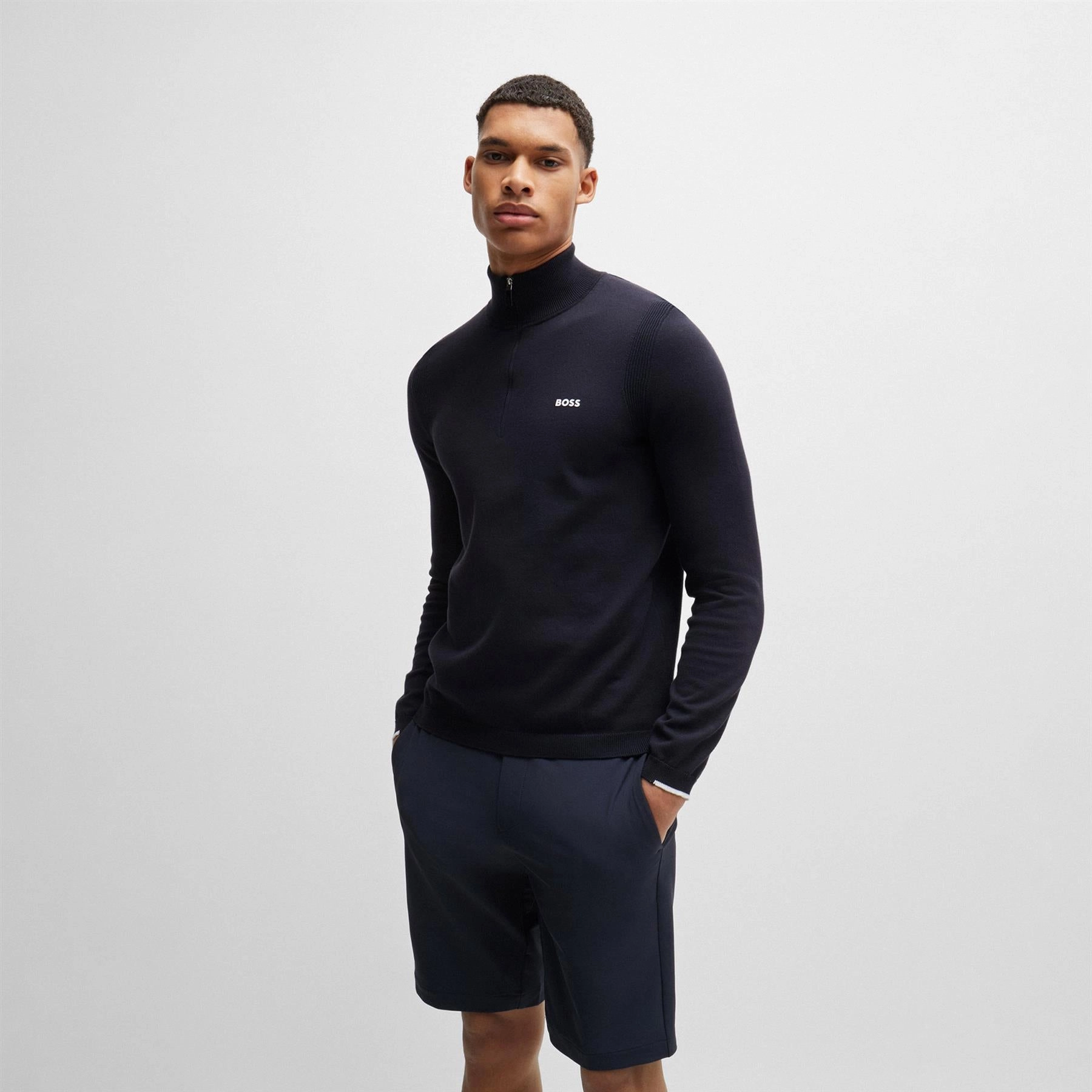 Ever Cotton Quarter Zip Mid Layer Dark Blue Boss Men's Fashion