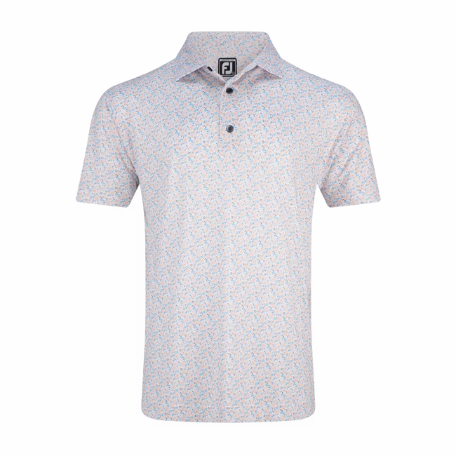 FootJoy Allover Floral Print Lisle Polo - White/Sunset/Lake Blue/Platinum FootJoy men's golfwear and polos