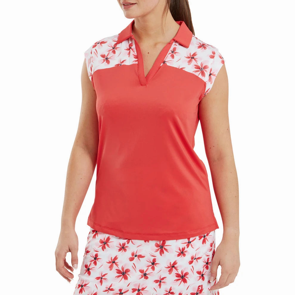 FootJoy  Women's Block Floral Print Cap Sleeve Shirt - Red FootJoy Women's Apparel