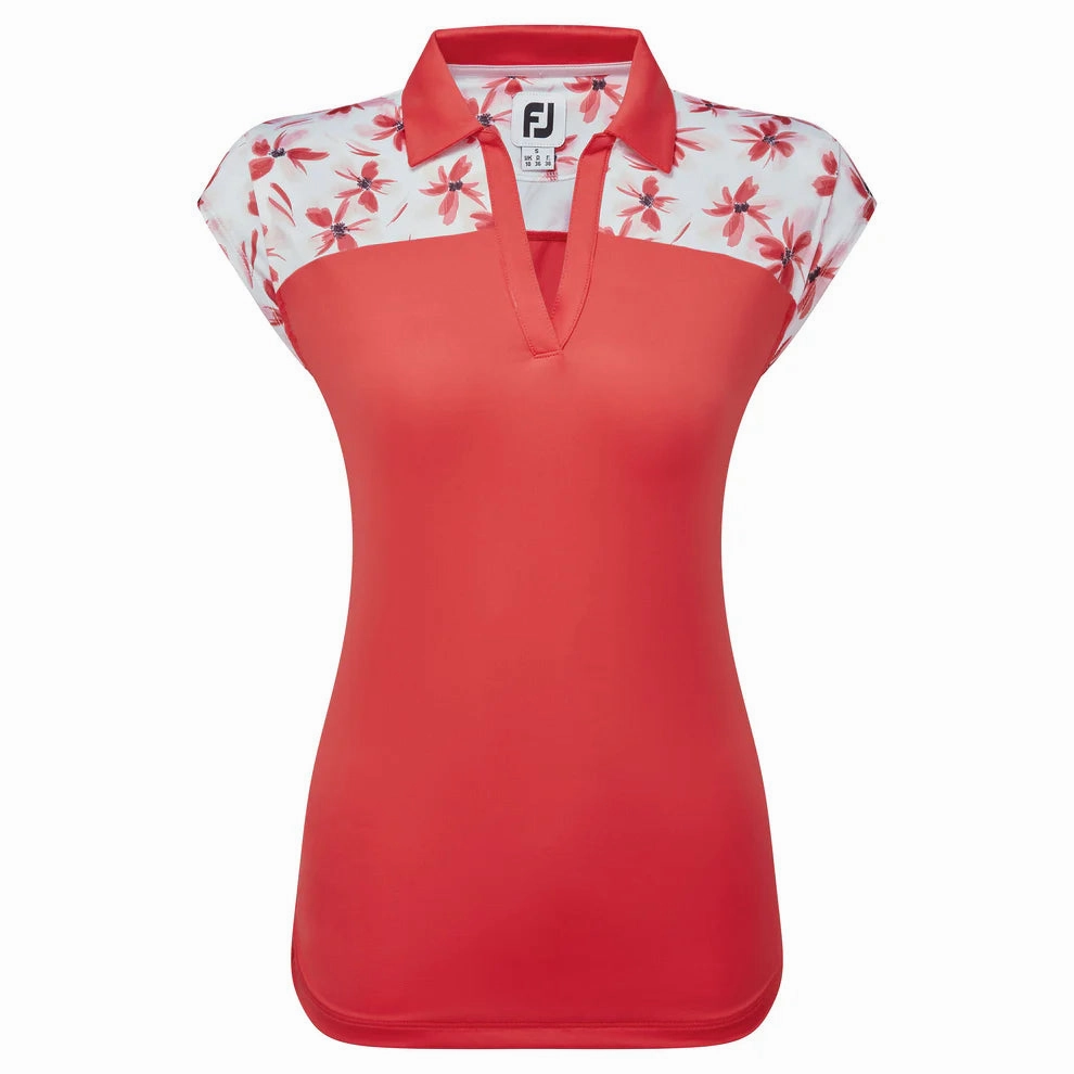FootJoy  Women's Block Floral Print Cap Sleeve Shirt - Red FootJoy women's golf clothing