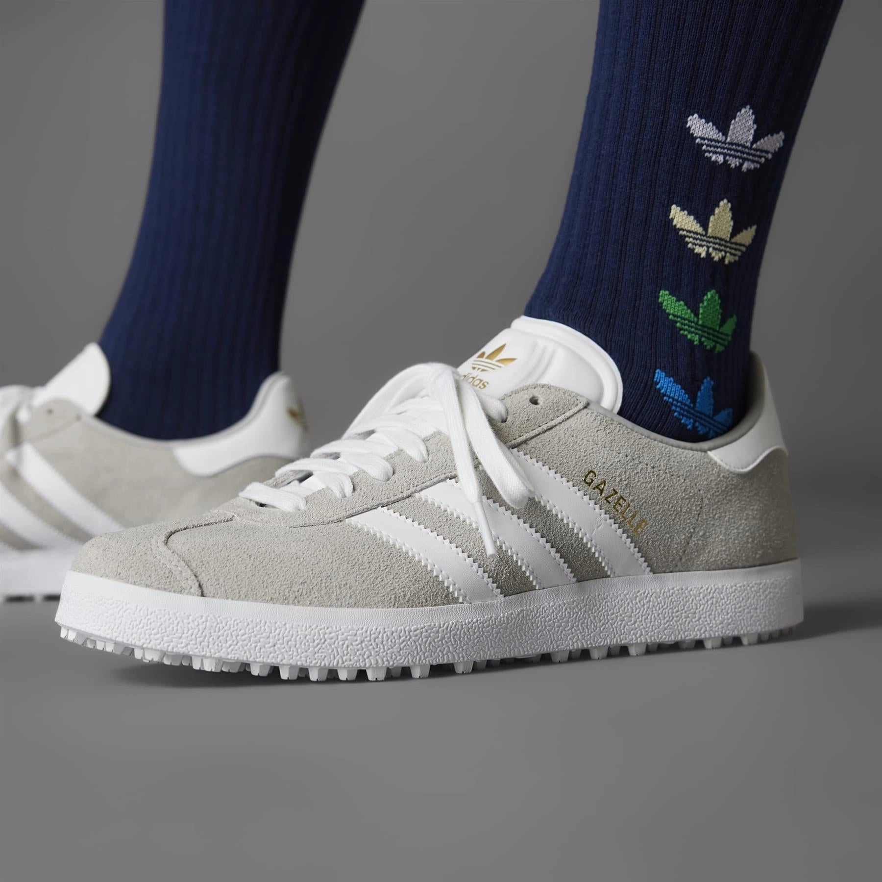 Gazelle Spikeless Golf Shoes Grey/White/Gold Adidas Men's Apparel