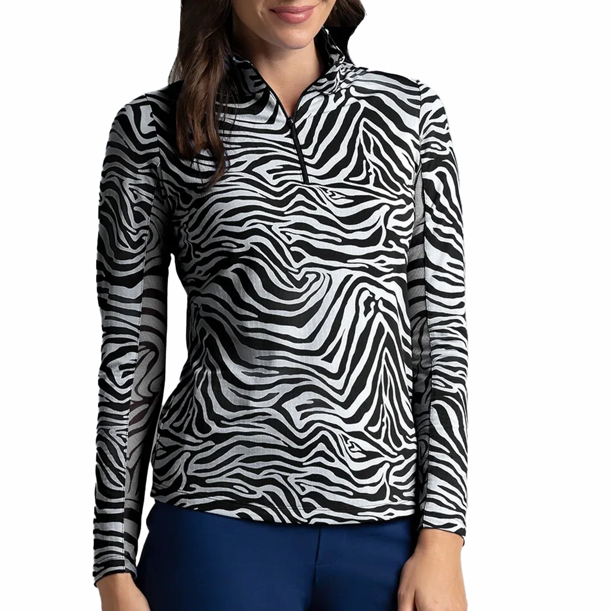 IBKUL Cecilia Print Long Sleeve Mock Neck Top - Black/White Ibkul Women's Performance Activewear