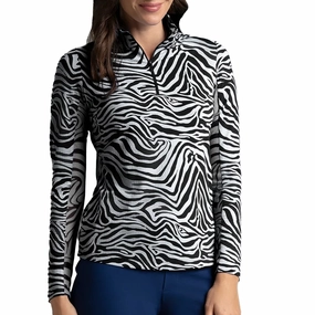 IBKUL Cecilia Print Long Sleeve Mock Neck Top - Black/White Ibkul Women's Performance Activewear