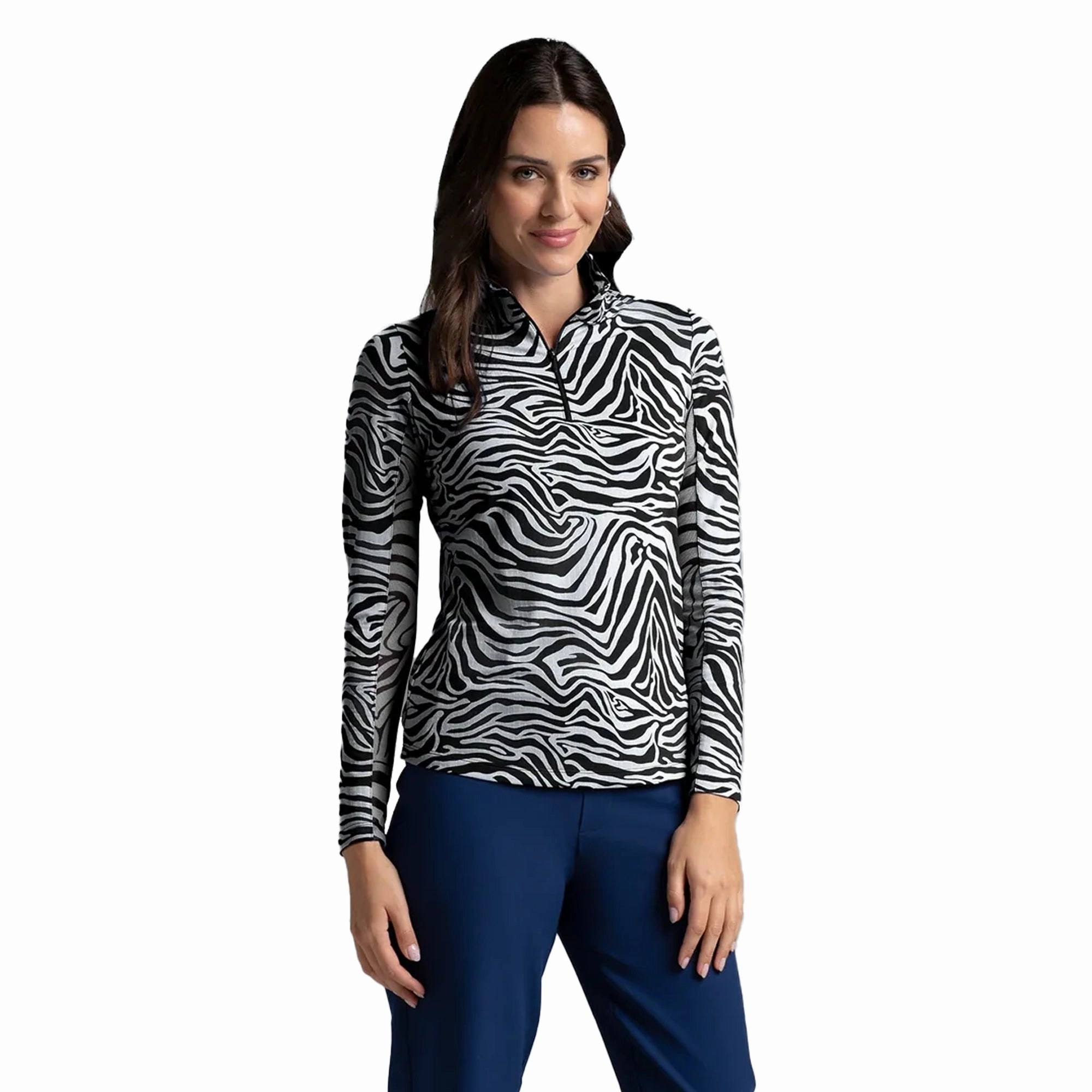 IBKUL Cecilia Print Long Sleeve Mock Neck Top - Black/White Ibkul Women's Activewear