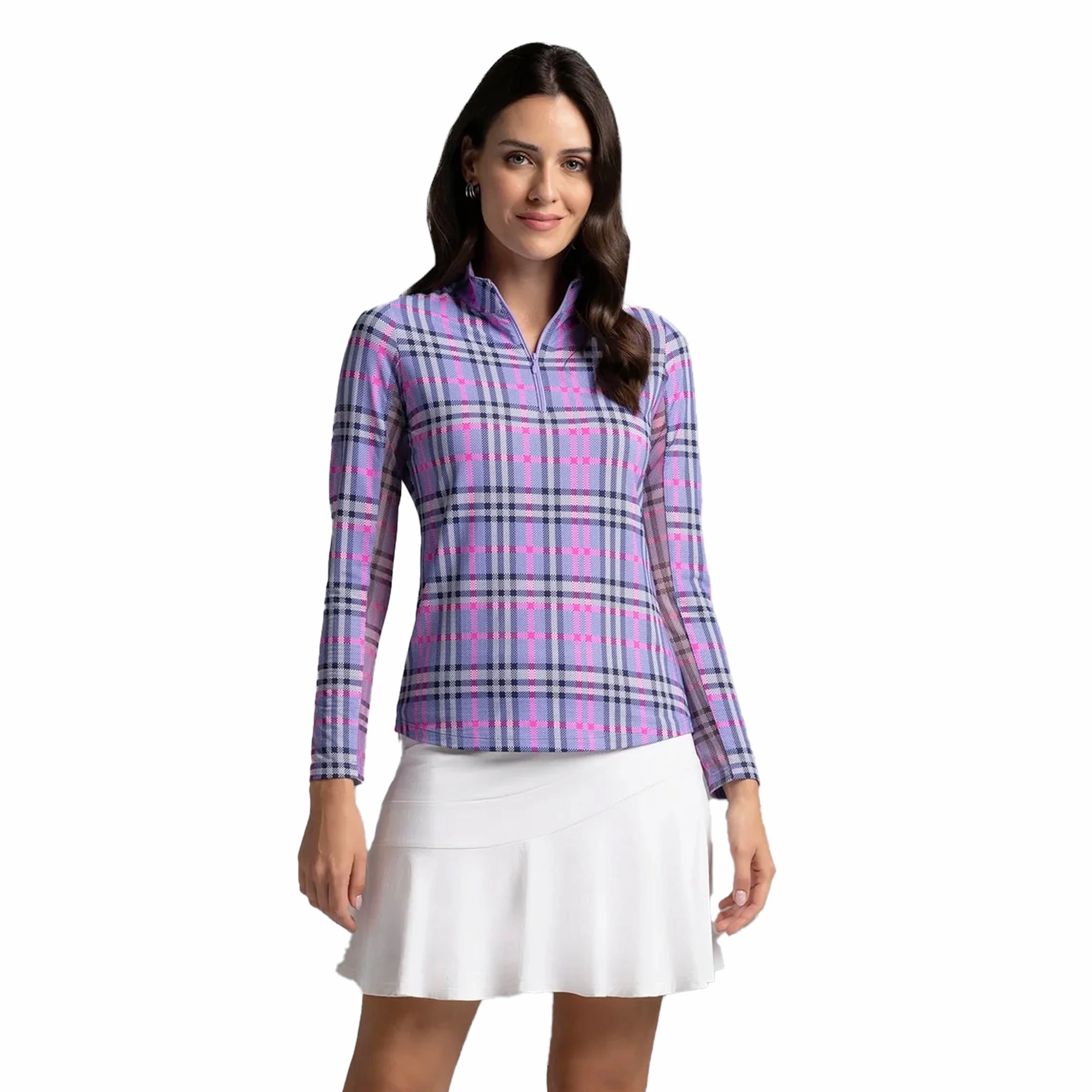 IBKUL Judith Print Long Sleeve mock Neck Top - Lavender/ Hot Pink Ibkul Women's Activewear