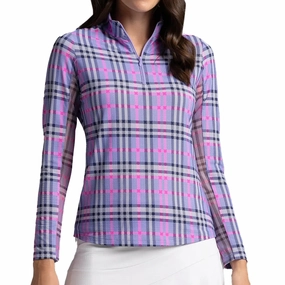 IBKUL Judith Print Long Sleeve mock Neck Top - Lavender/ Hot Pink Ibkul Women's Performance Activewear
