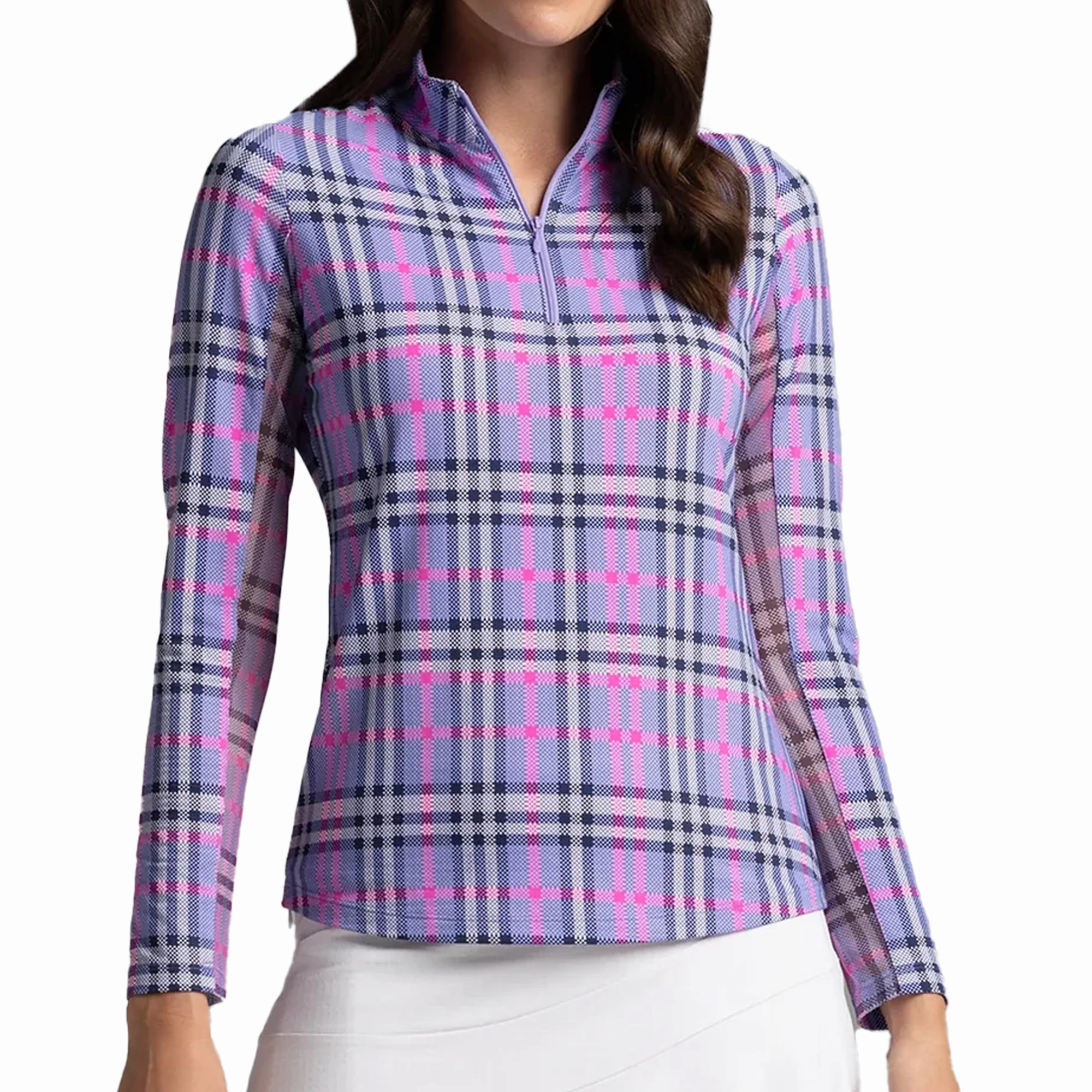 IBKUL Judith Print Long Sleeve mock Neck Top - Lavender/ Hot Pink Ibkul Women's Performance Activewear