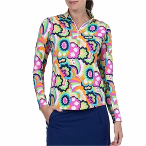 IBKUL Ladies Yolanda Print Long Sleeve Mock Neck Top - Hot Pink Multi Ibkul Women's Performance Activewear