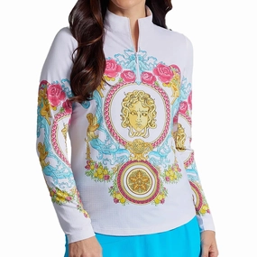 IBKUL Lala Print Long Sleeve Mock Neck Top - Watermelon Multi Ibkul Women's Performance Activewear