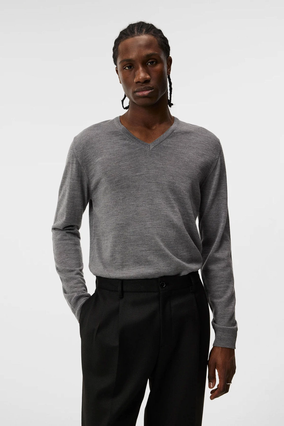 J.Lindeberg Lymann Mens V-Neck Fine Merino Sweater - GREY MELANGE J.Lindeberg Men's Apparel