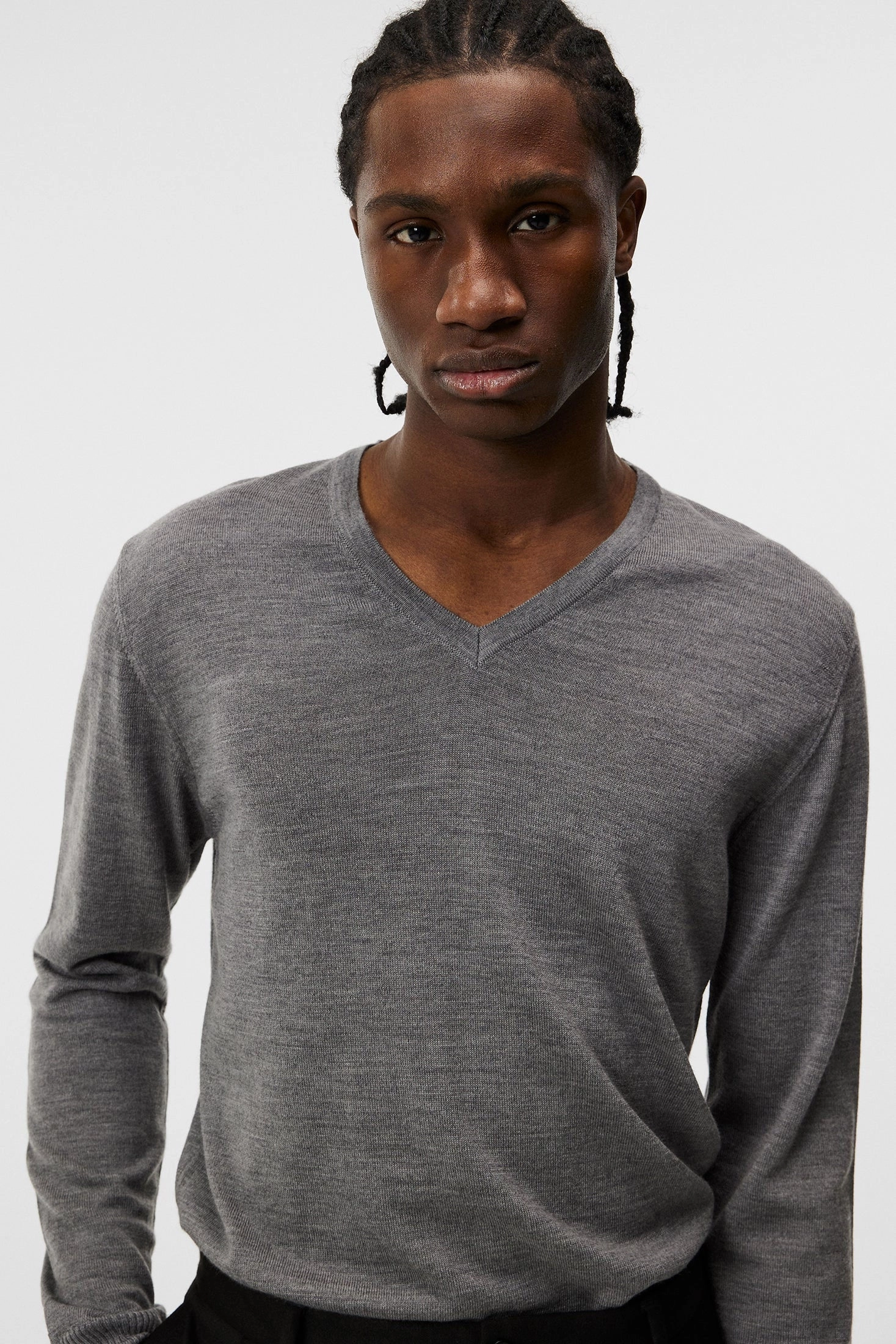 J.Lindeberg Lymann Mens V-Neck Fine Merino Sweater - GREY MELANGE J.Lindeberg Men's Apparel
