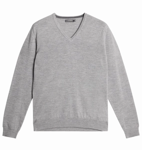 J.Lindeberg Lymann Mens V-Neck Fine Merino Sweater - LIGHT GREY MELANGE J.Lindeberg men's golf clothing