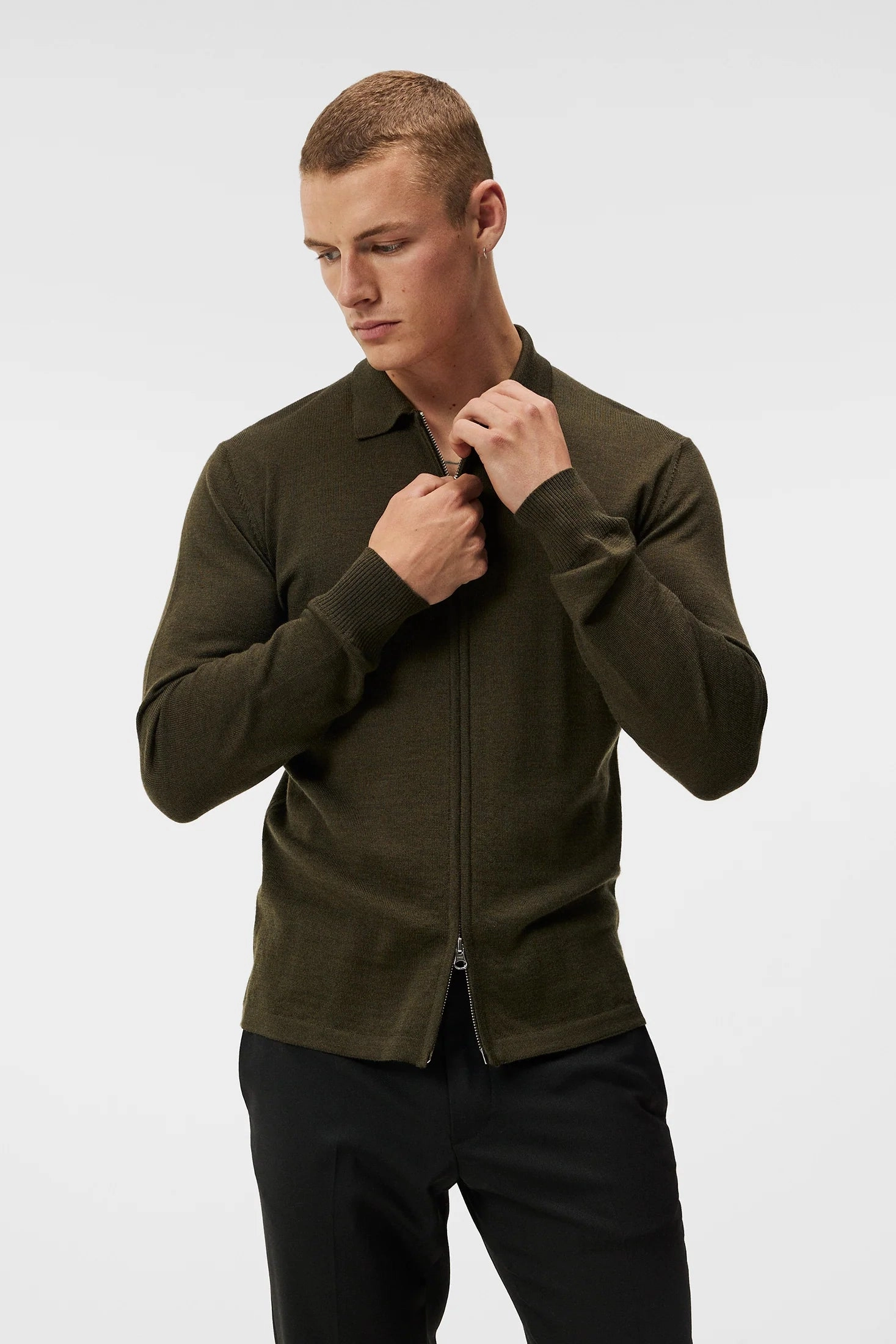 J.Lindeberg Mens Nyle Merino Zip Cardigan - FOREST GREEN J.Lindeberg men's golf clothing