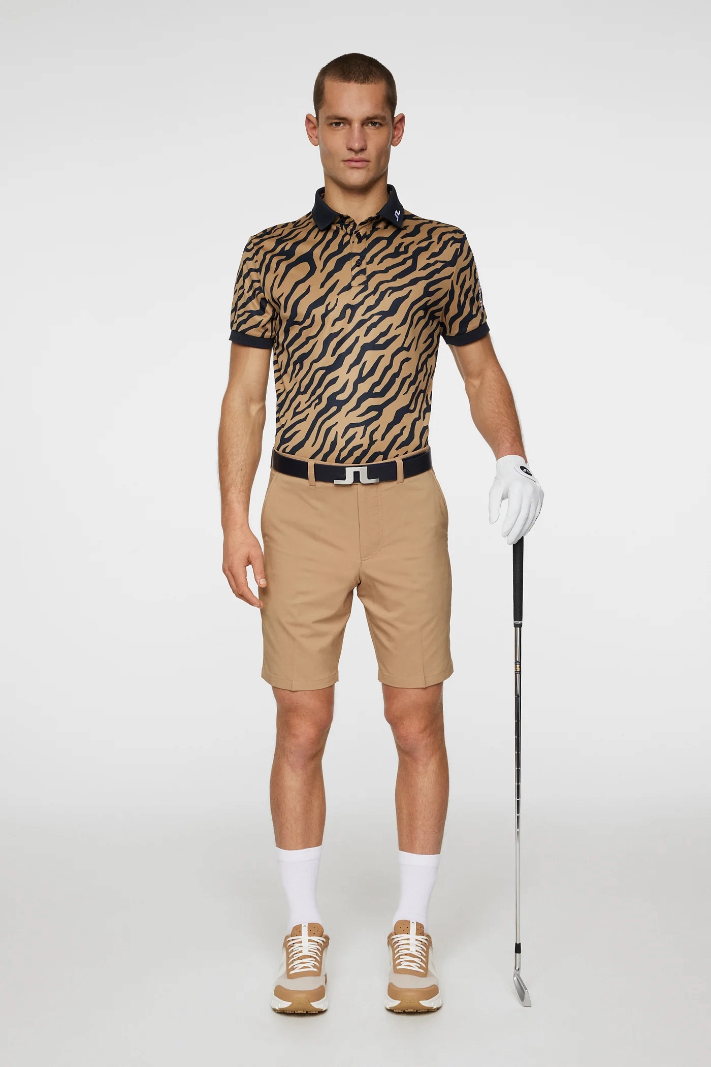 J.Lindeberg Mens Reg Fit TOUR TECH PRINT Polo - TOUR TIGER BROWN J.Lindeberg Men's Apparel