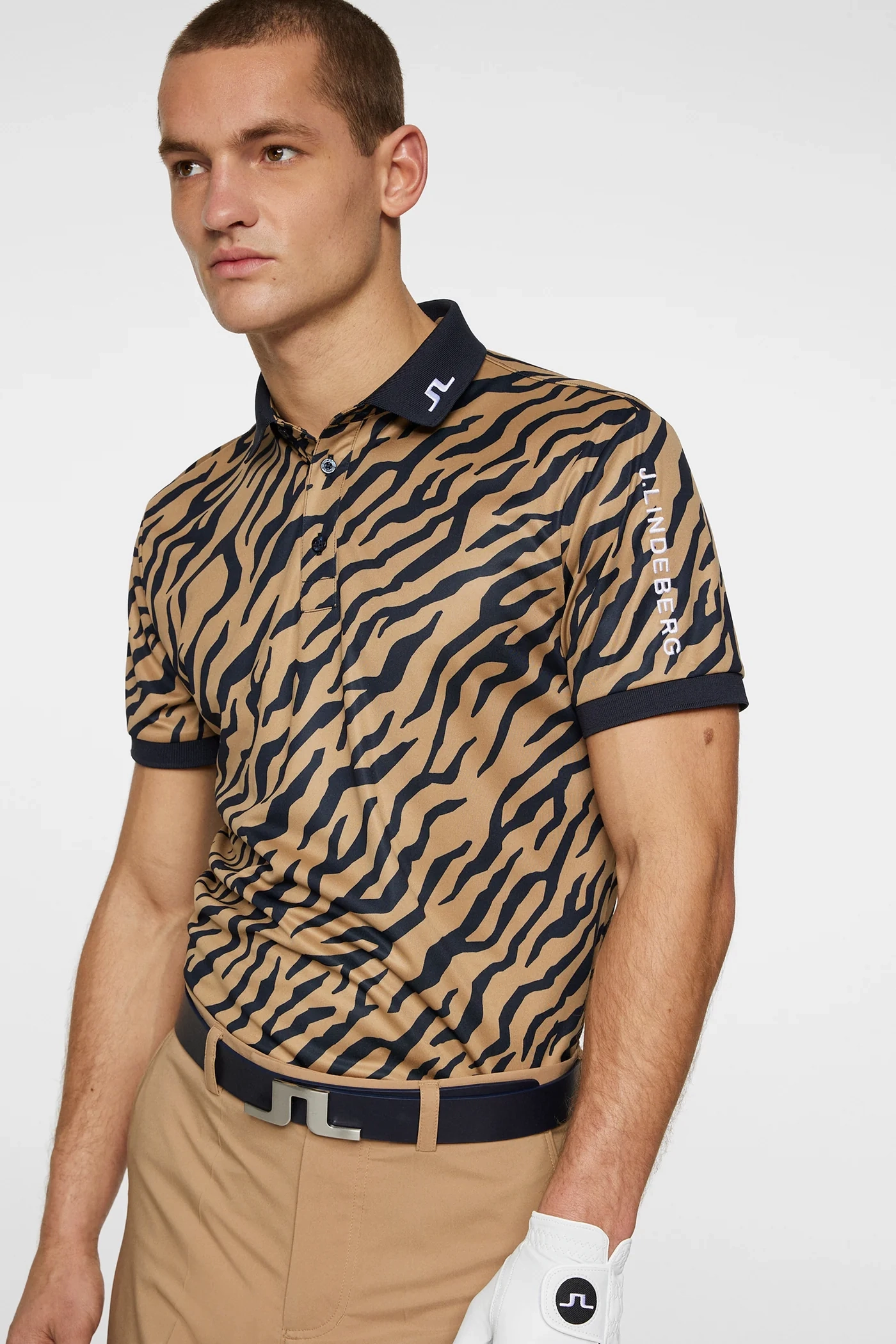 J.Lindeberg Mens Reg Fit TOUR TECH PRINT Polo - TOUR TIGER BROWN J.Lindeberg Men's Apparel