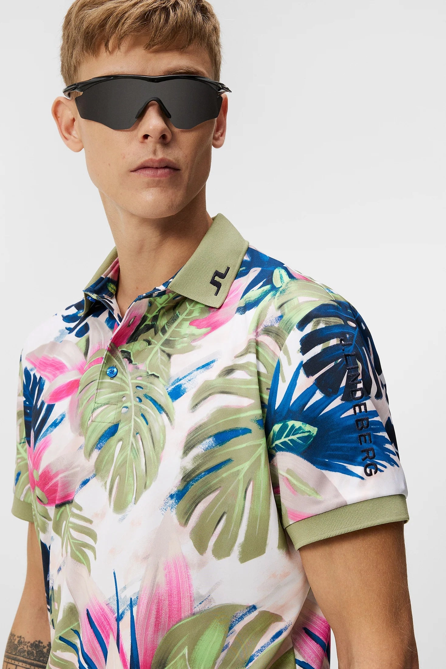 J.Lindeberg Mens Tour Tech Regular Fit Print Polo - CALYPSO OIL GREEN J.Lindeberg Men's Apparel