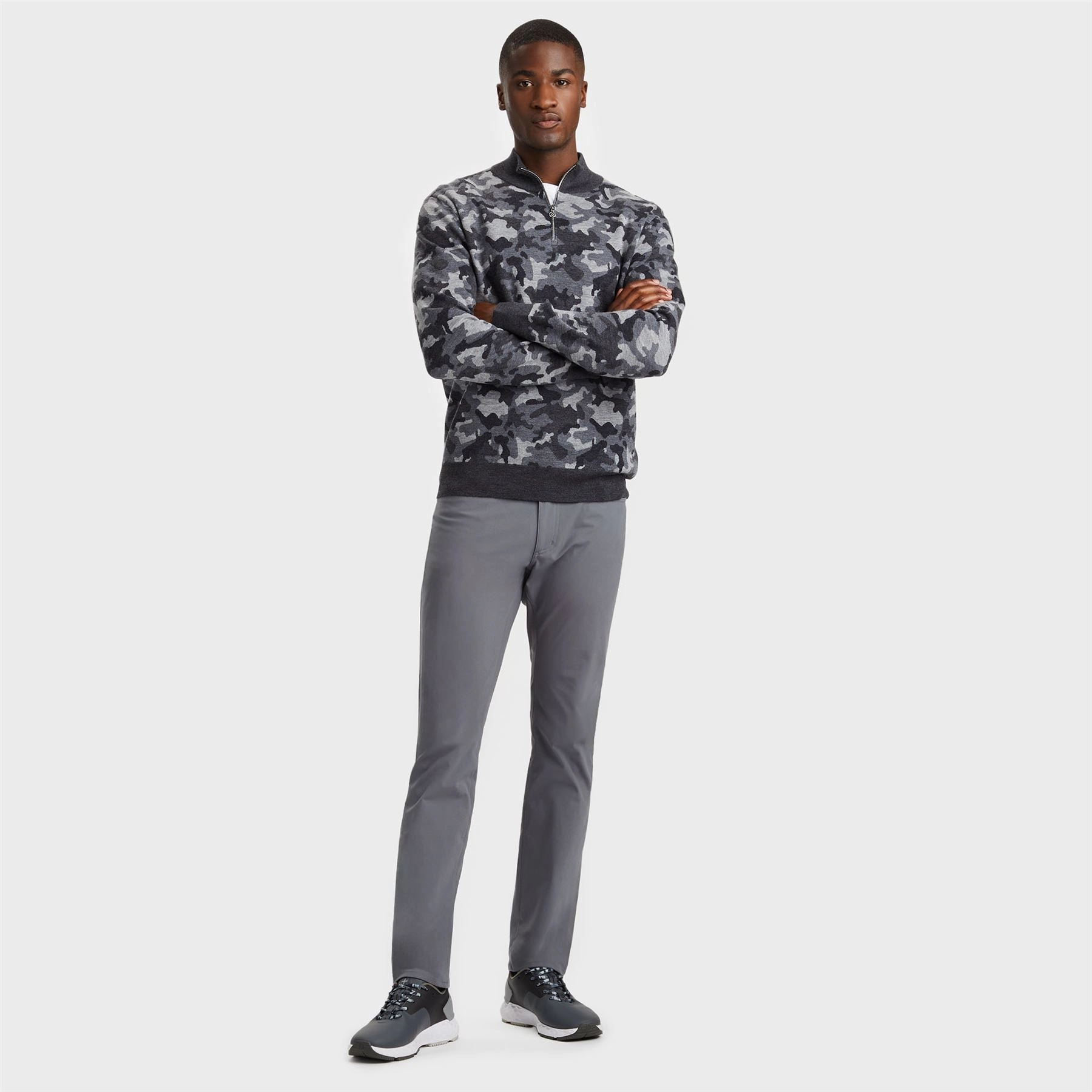 Jacquard V-Neck Merino Wool Quarter Zip Sweatshirt Charcoal Camo G/Fore Men's Fashion