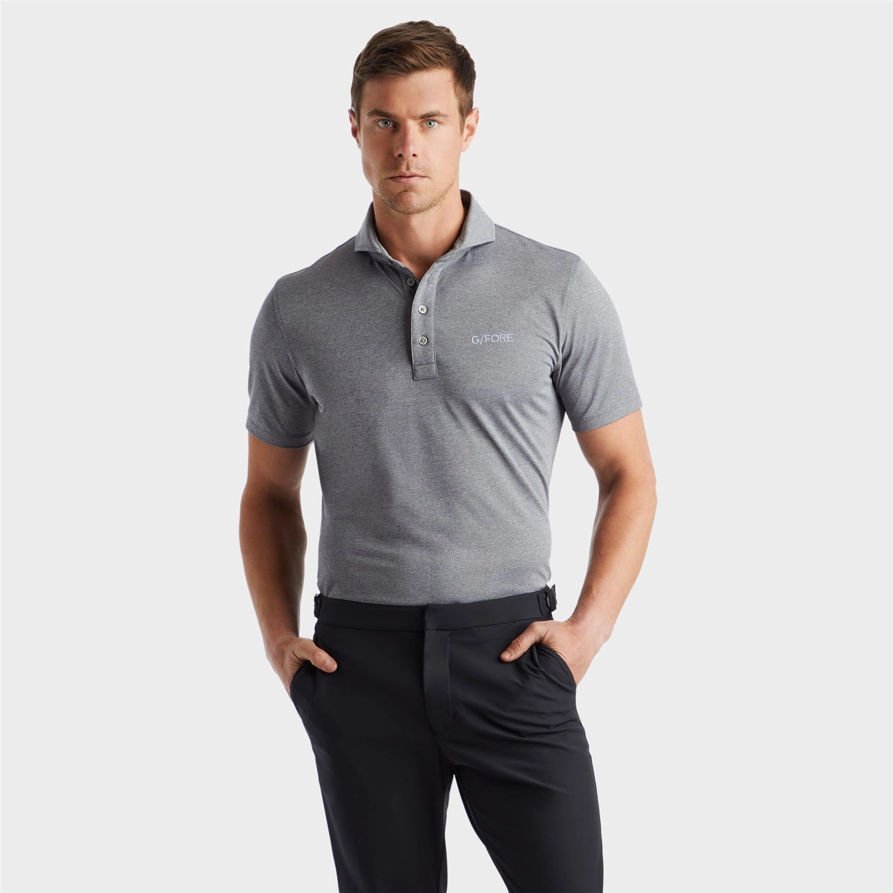 Melange Rib Gusset Tech Pique Embroidered Polo Heather Grey G/Fore Men's Fashion