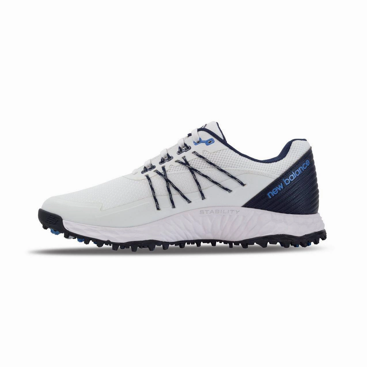 New Balance Mens Fresh Foam Pace SL Golf Shoe - WHITE / NAVY / BLUE Men's Durable Golf Shoes