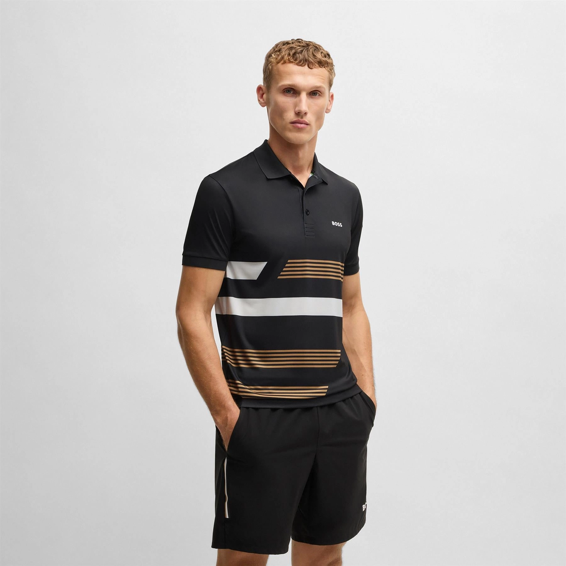 Paddy Tape Print Polo Black Boss Men's Fashion