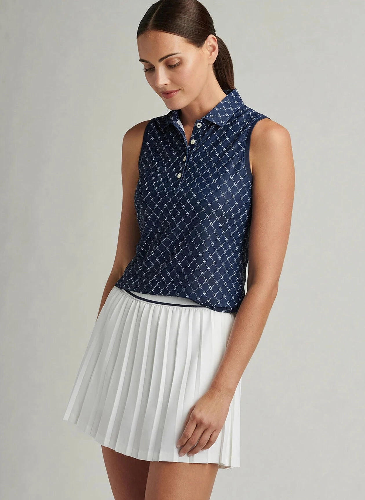 Peter Millar Womens Lattice Blossom Banded Sport Mesh Sleeveless Button Polo - Navy Peter Millar Apparel for Women