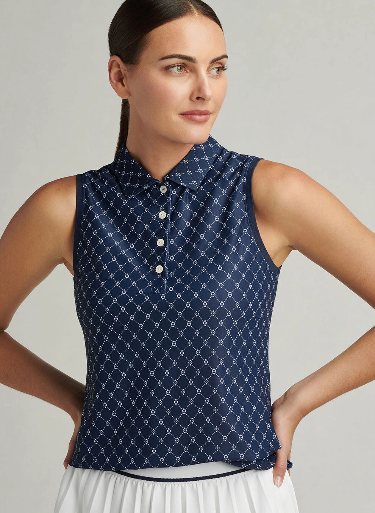 Peter Millar Womens Lattice Blossom Banded Sport Mesh Sleeveless Button Polo - Navy Peter Millar Apparel for Women