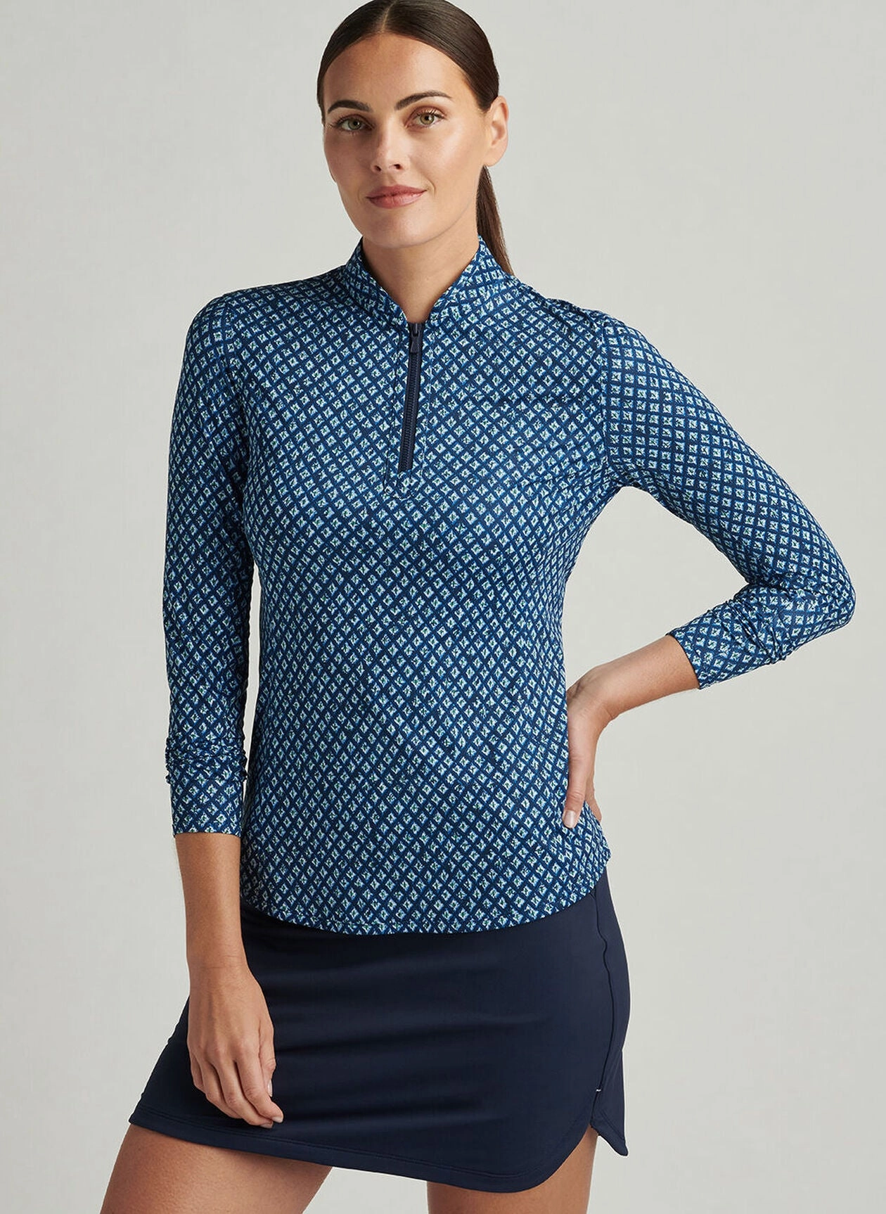 Peter Millar Womens Ocean Ikat Lightweight Zip Sun Shirt - Navy Peter Millar Apparel for Women