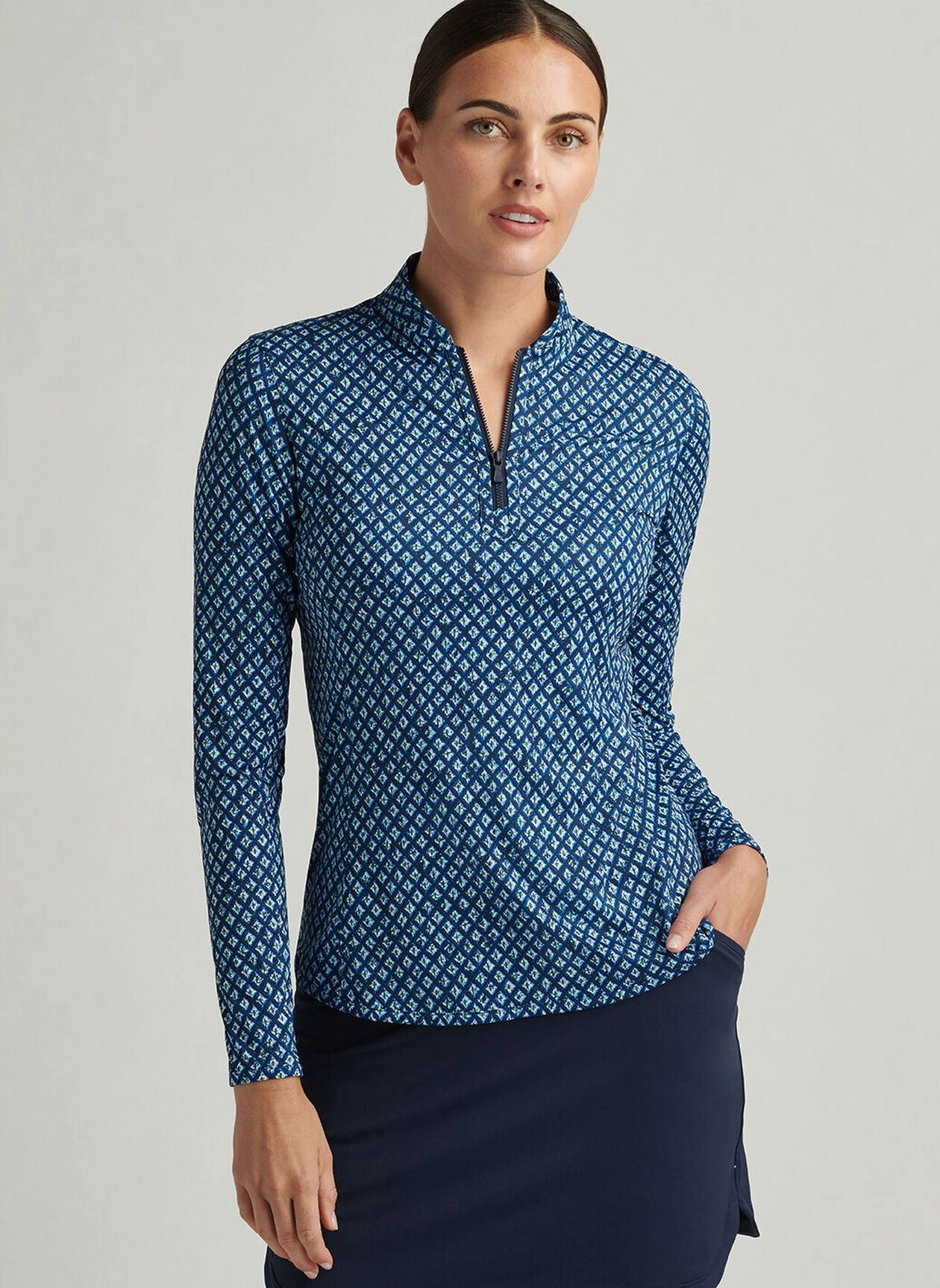 Peter Millar Womens Ocean Ikat Lightweight Zip Sun Shirt - Navy Peter Millar Apparel for Women