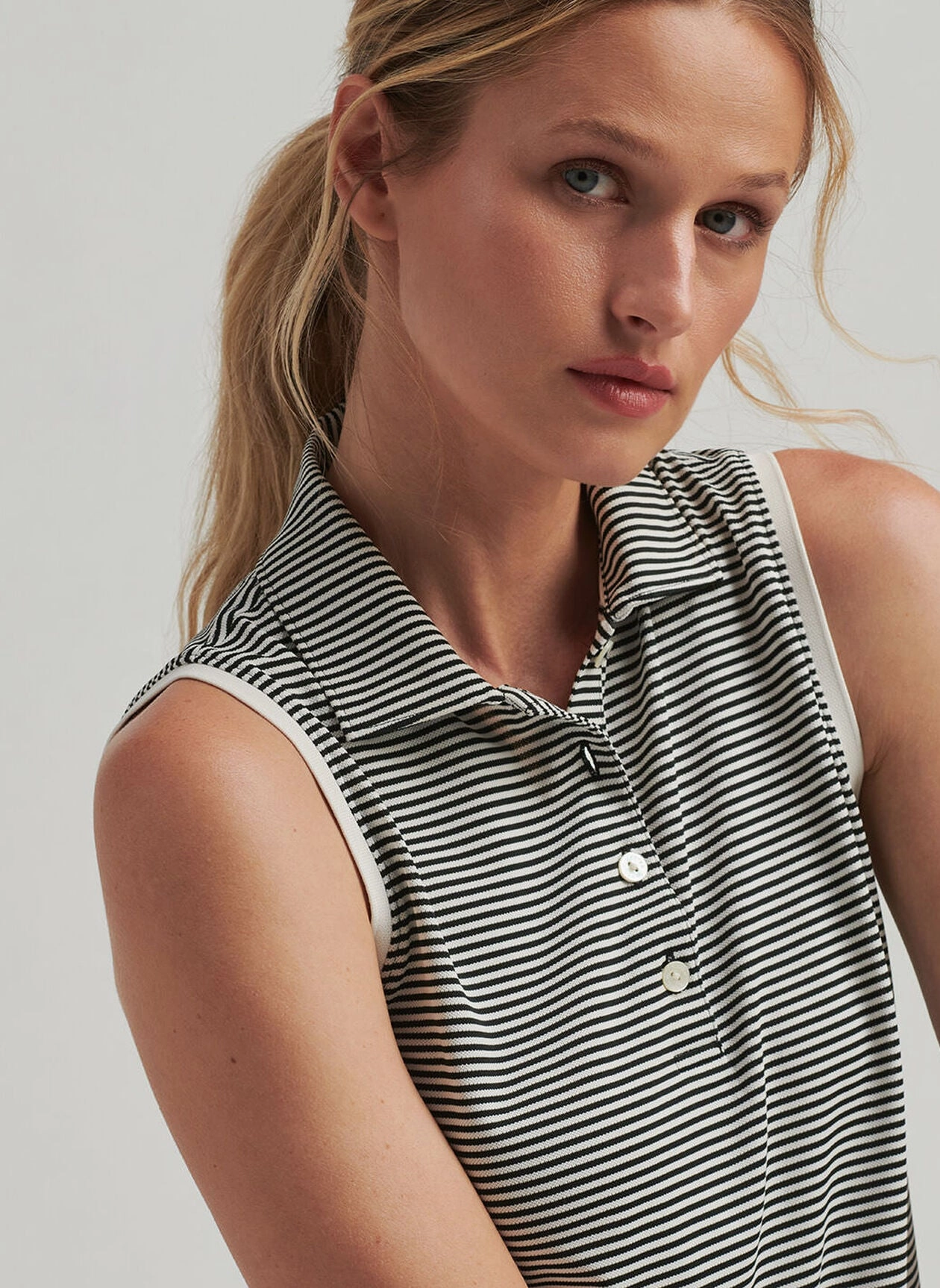 Peter Millar Womens Vista Stripe Banded Sport Mesh Sleeveless Button Polo - Black Ivory Peter Millar Apparel for Women