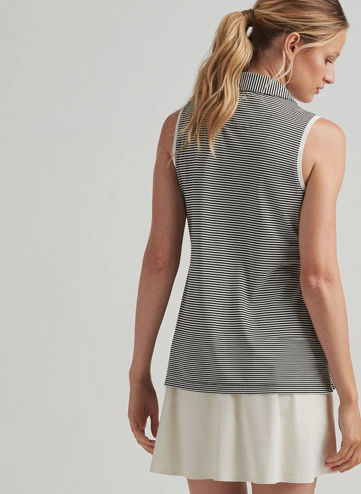 Peter Millar Womens Vista Stripe Banded Sport Mesh Sleeveless Button Polo - Black Ivory Peter Millar Apparel for Women