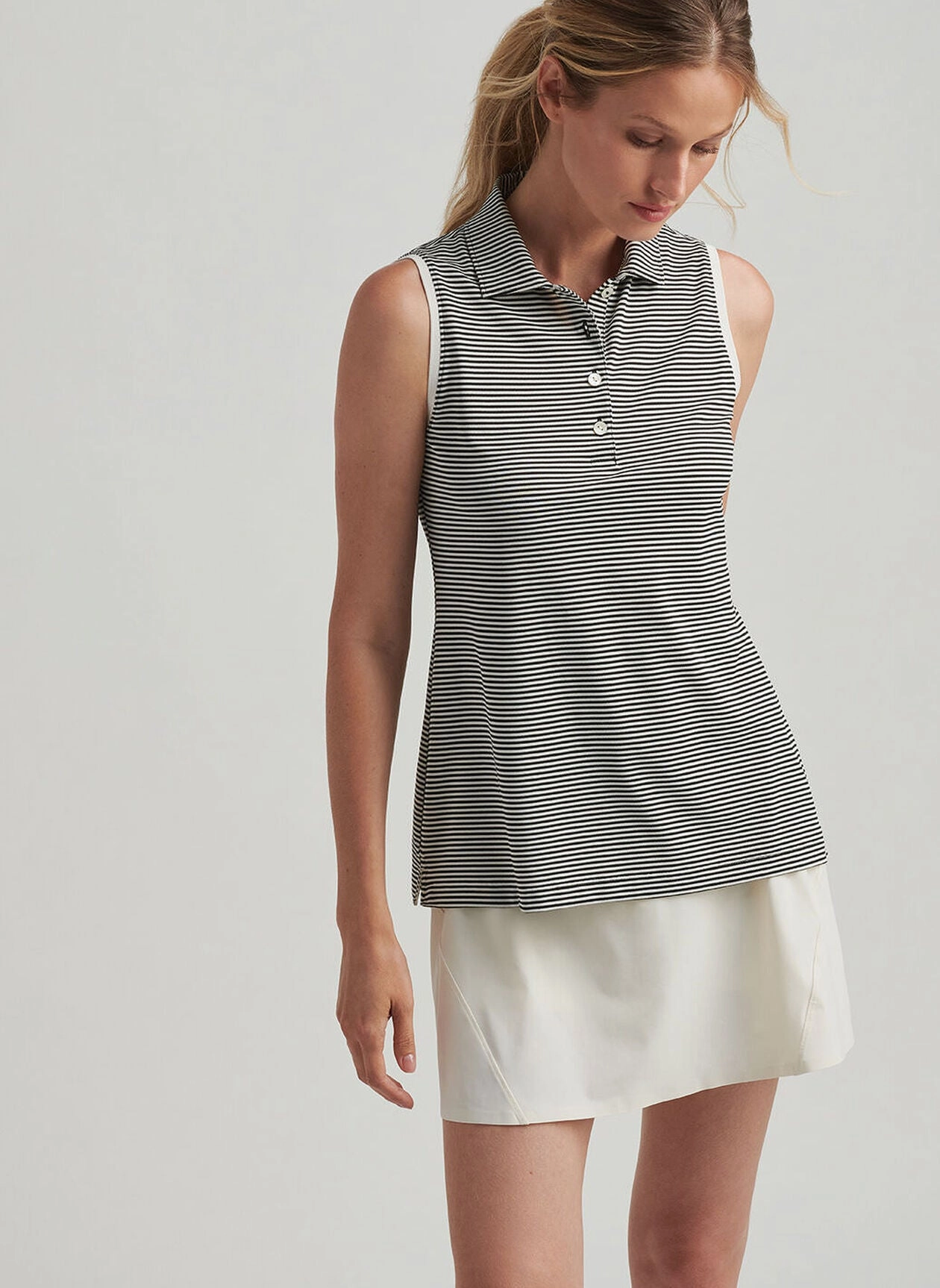 Peter Millar Womens Vista Stripe Banded Sport Mesh Sleeveless Button Polo - Black Ivory Peter Millar Apparel for Women