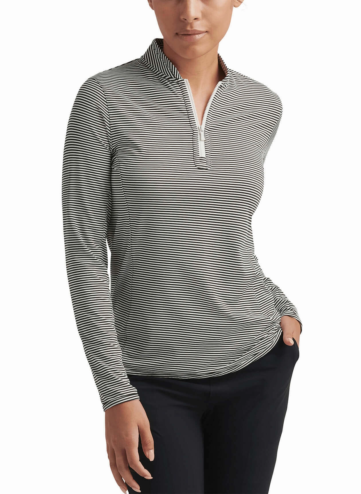 Peter Millar Womens Vista Stripe Lightweight Zip Sun Shirt - Black Ivory Peter Millar Apparel for Women