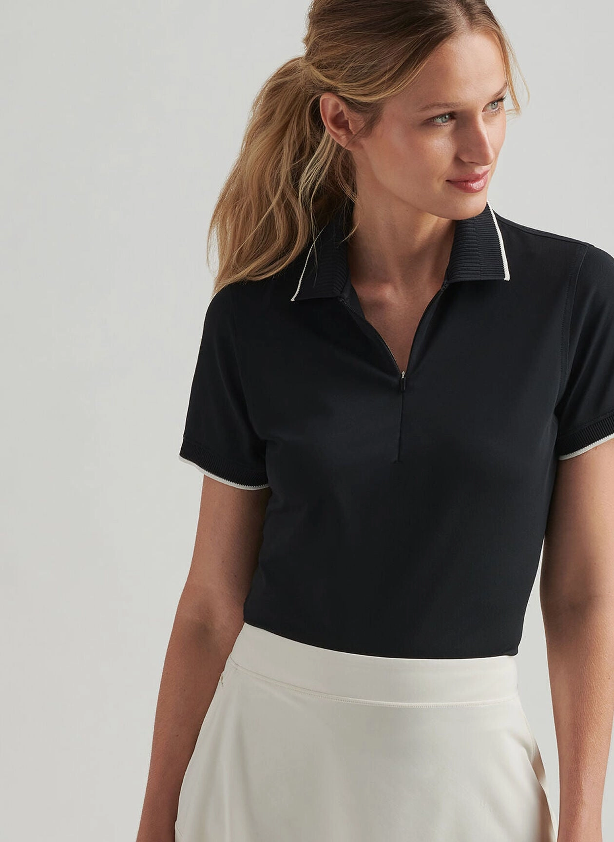 Peter Millar Womens Whitworth Sport Mesh Short-Sleeve Polo - Black Ivory Peter Millar Apparel for Women