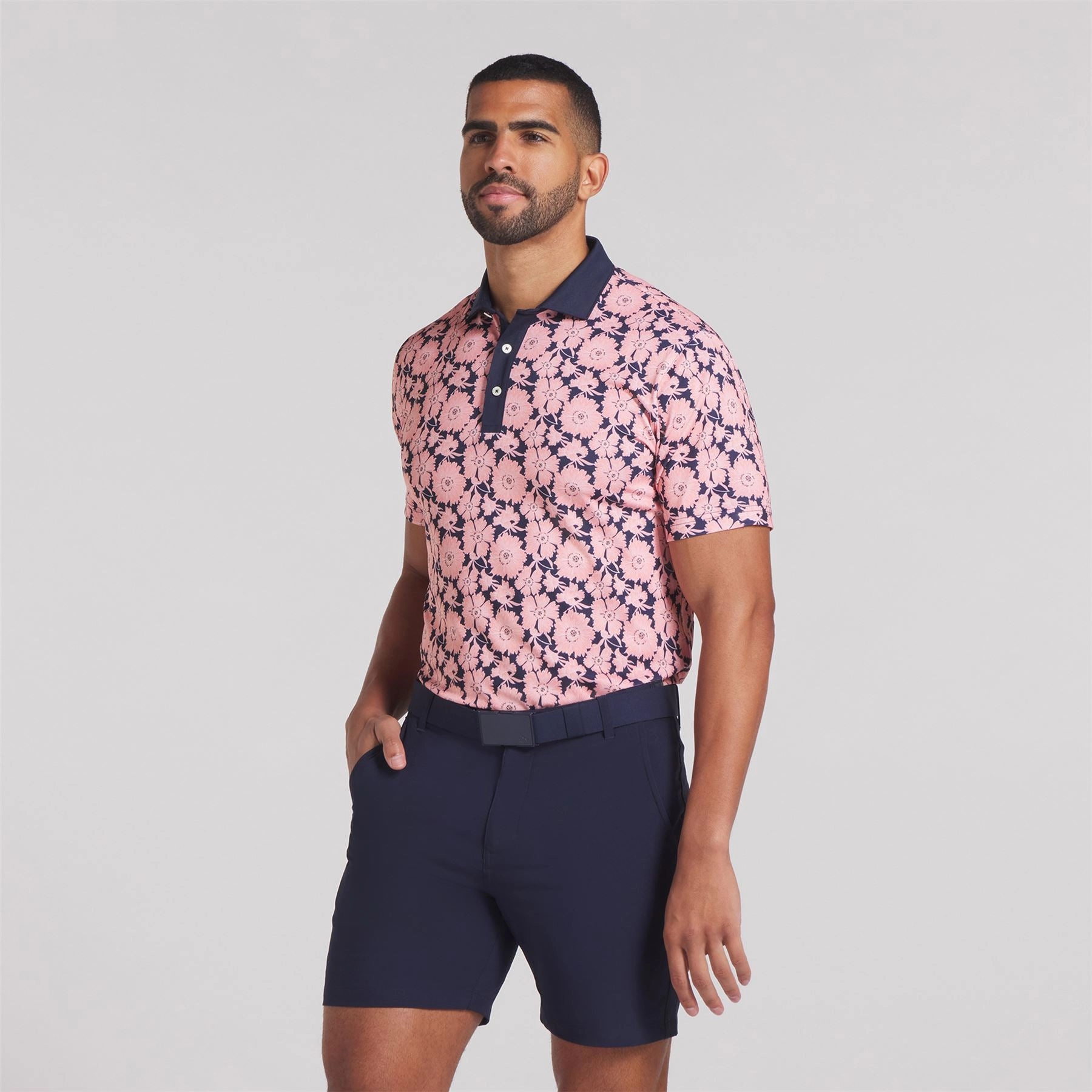 Pique Flower Fields Polo Pink Fruit/Deep Navy Puma men's athletic clothing