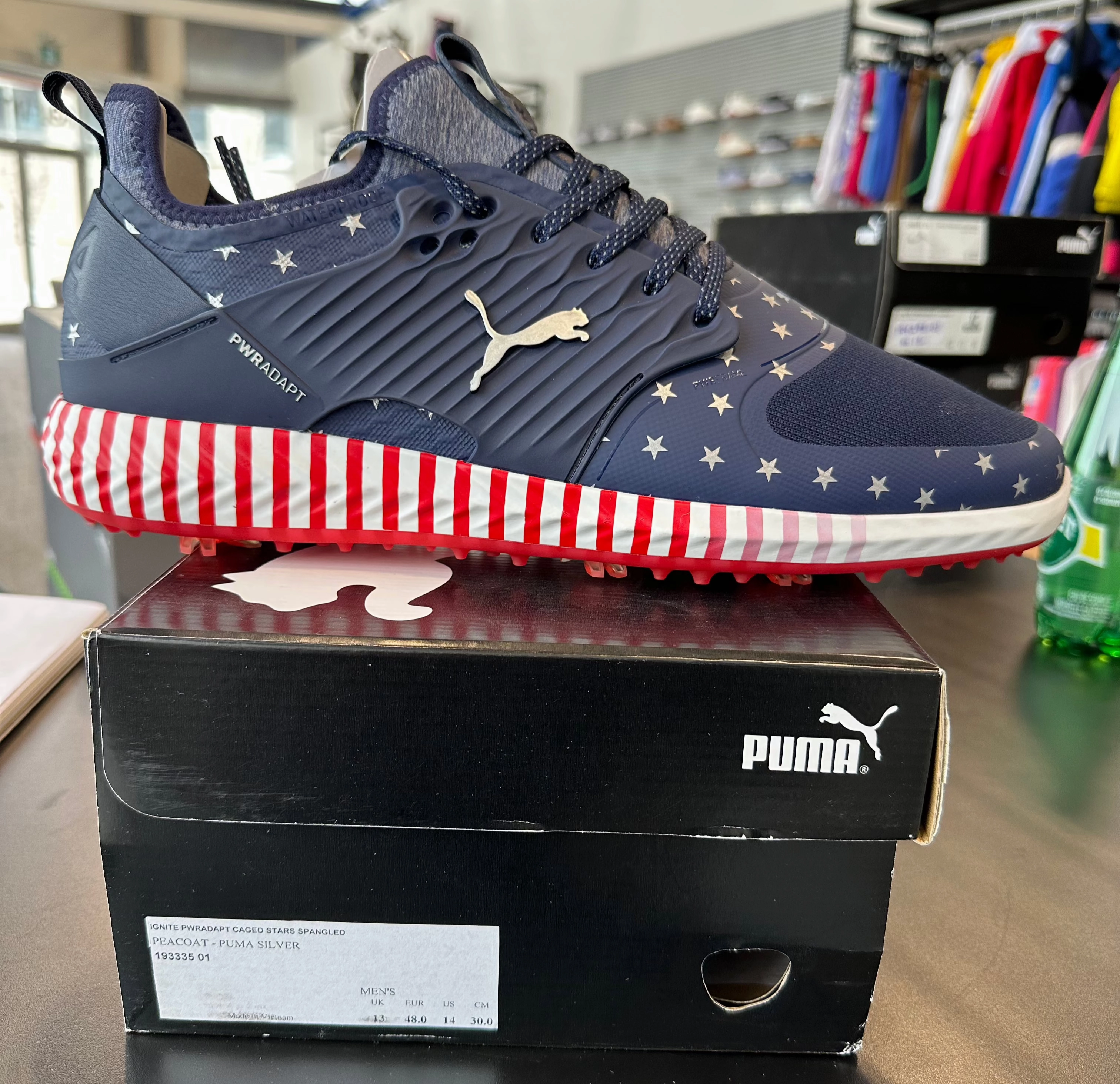 Puma Men's TOUR LTD EDITION PRESIDENTS CUP - IGINITE PWRAdapt Caged Golf Shoes- STAR SPANGLED Puma LTD Tour Edition Golf Shoes