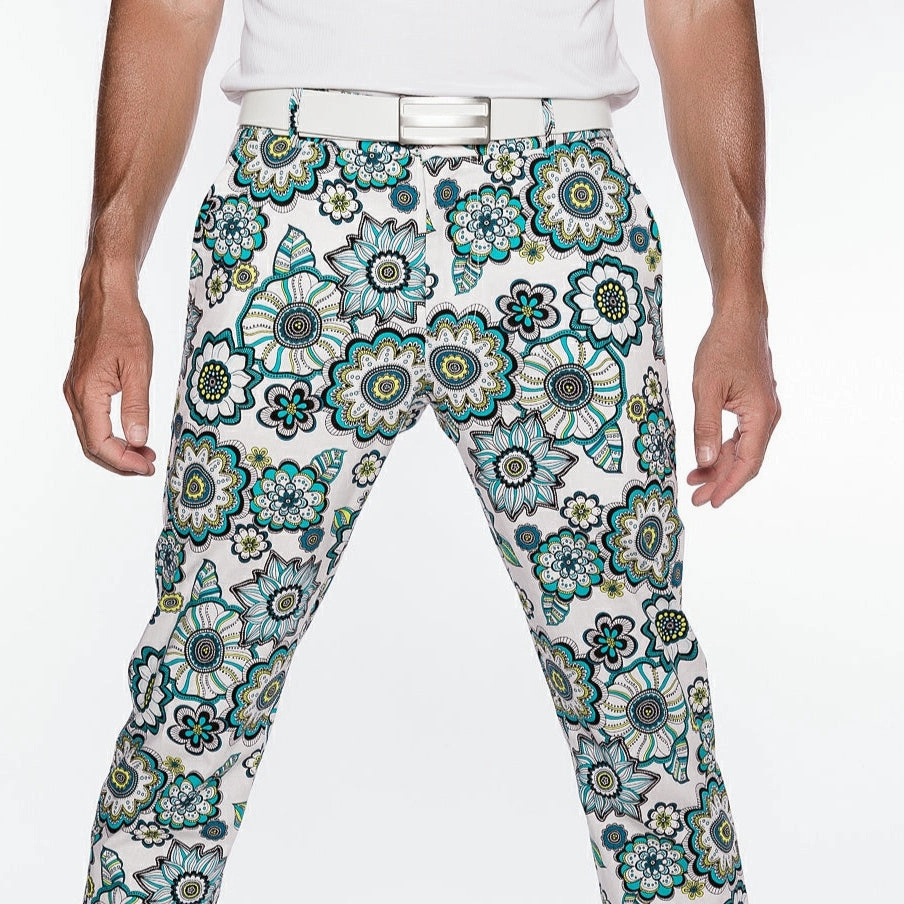 Sport Monaco Slim Fit Floral Print Cotton Pants - BLUE / WHITE Sport Monaco Men's Clothing