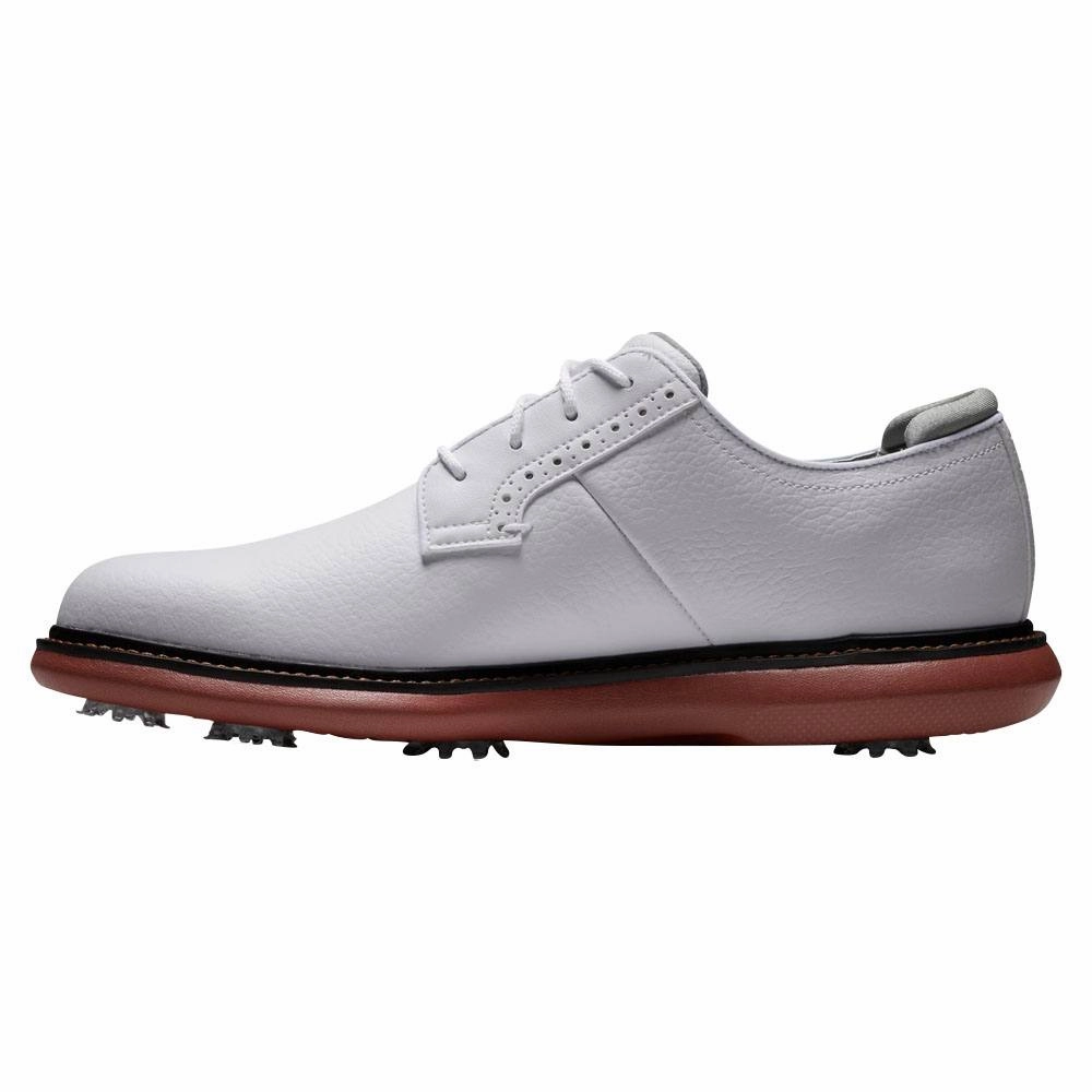 On-Feet Lifestyle Shot FootJoy Traditions Blucher Golf Shoes White/Brick - 24 Men