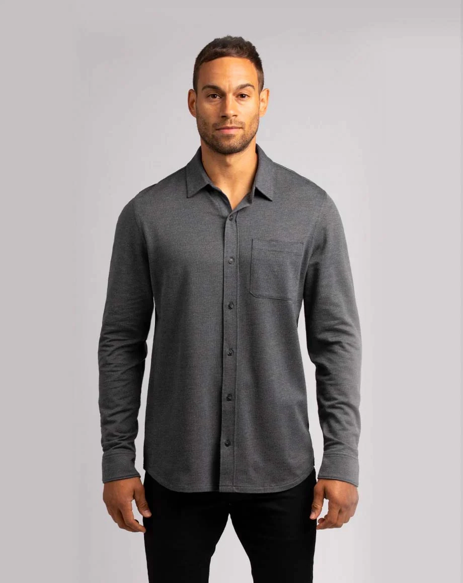 TRAVIS MATHEW 'SLATER' BUTTON SHIRT - HEATHER BLACK Travis Mathew men's golf apparel