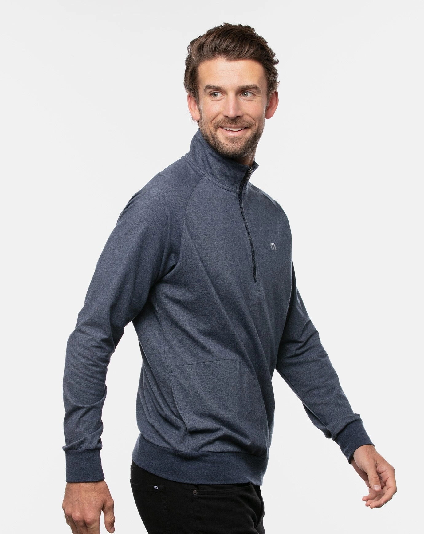 TRAVIS MATHEW MEN'S ZACKARY 1/4 ZIP PULLOVER - HEATHER BLUE NIGHTS Travis Mathew Men's Golf Apparel