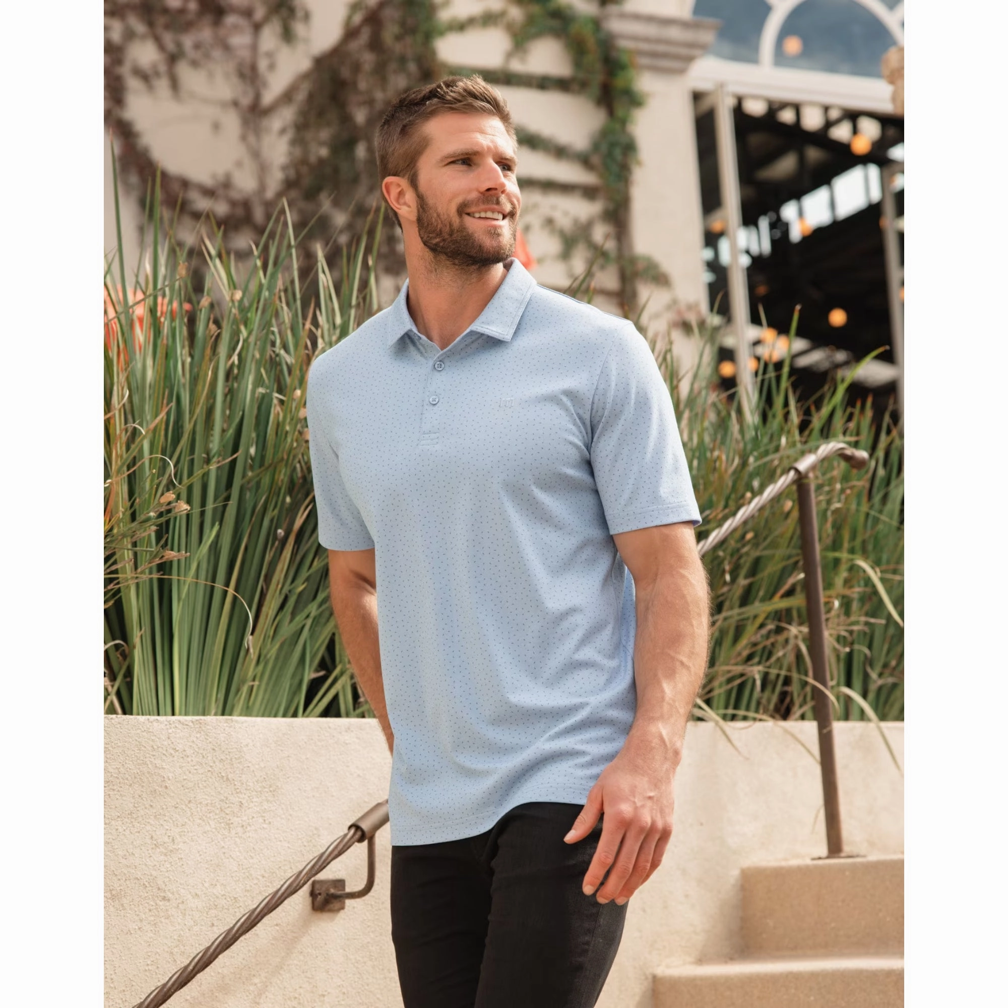 TRAVIS MATHEW MENS CARNAVAL POLO - HEATHER BEL AIR BLUE Travis Mathew Men's Golf Apparel