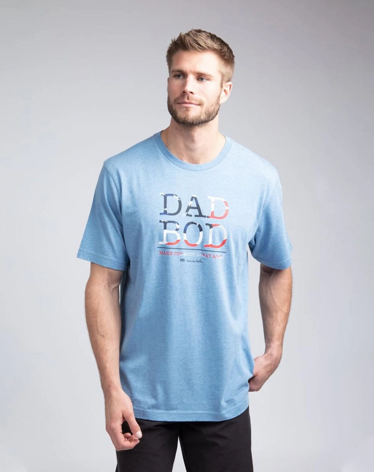TRAVIS MATHEW MENS DAD BOD T-SHIRT - HEATHER BLUE Travis Mathew men's golf apparel